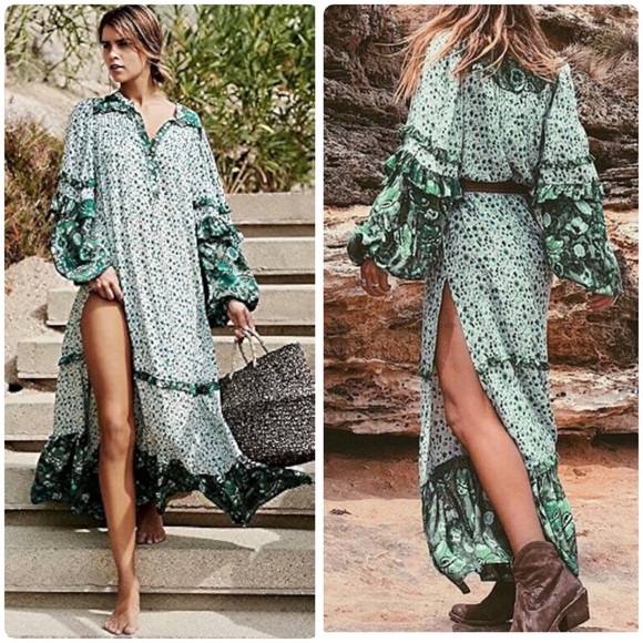 Retro Bohemian Green and White Floral Flowy Beach Vacation Maxi Dress Size XL - Picture 1 of 10